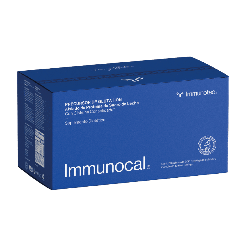 Immunocal en caja azul con proteína de suero y cisteína para apoyar la producción de glutatión.