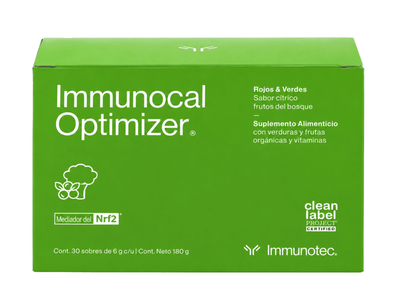 Caja verde de Immunocal Optimizer para complementar hábitos de vitalidad y bienestar diario.